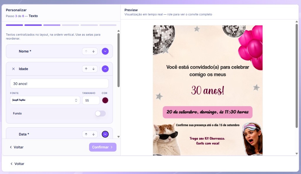 Editor de convite com preview em tempo real
